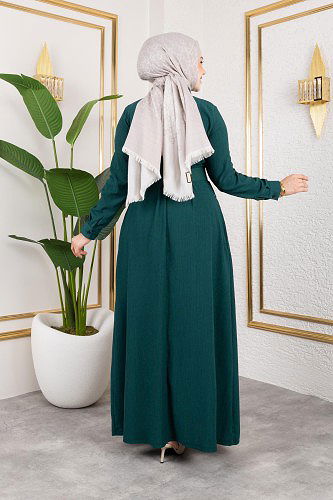 Ön Düğmeli Gizli Cep Detaylı Elbise-5029 Zümrüt yeşili - Thumbnail