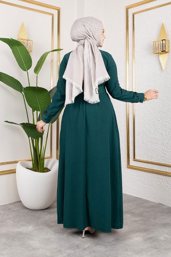 Ön Düğmeli Gizli Cep Detaylı Elbise-5029 Zümrüt yeşili