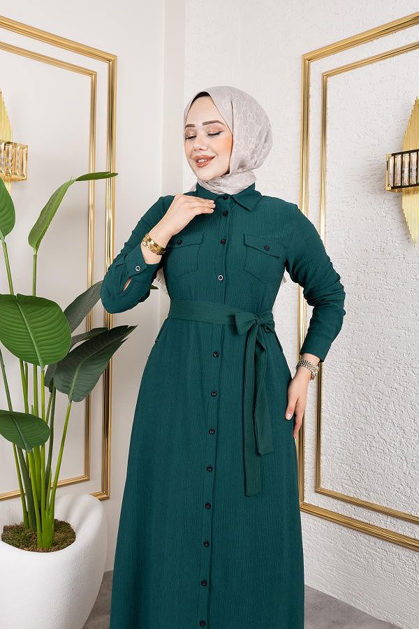 Ön Düğmeli Gizli Cep Detaylı Elbise-5029 Zümrüt yeşili