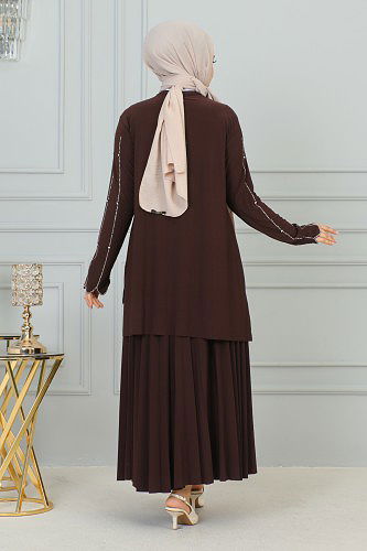 Ön Ve Kol Taş İşlmeli Etekli Takım-3172 Kahve - Thumbnail