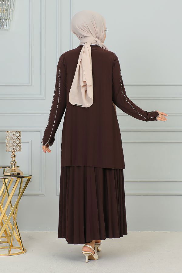 Ön Ve Kol Taş İşlmeli Etekli Takım-3172 Kahve