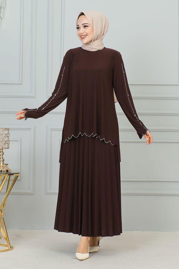 Ön Ve Kol Taş İşlmeli Etekli Takım-3172 Kahve