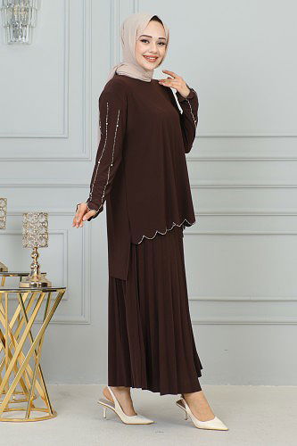 Ön Ve Kol Taş İşlmeli Etekli Takım-3172 Kahve - Thumbnail