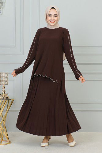 Ön Ve Kol Taş İşlmeli Etekli Takım-3172 Kahve - Thumbnail