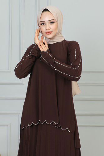 Ön Ve Kol Taş İşlmeli Etekli Takım-3172 Kahve - Thumbnail