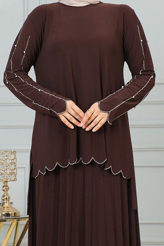 Ön Ve Kol Taş İşlmeli Etekli Takım-3172 Kahve - Thumbnail