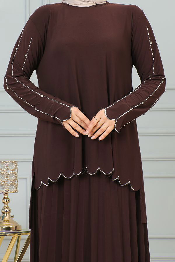 Ön Ve Kol Taş İşlmeli Etekli Takım-3172 Kahve