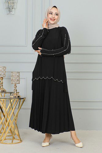 Ön Ve Kol Taş İşlmeli Etekli Takım-3172 Siyah - Thumbnail