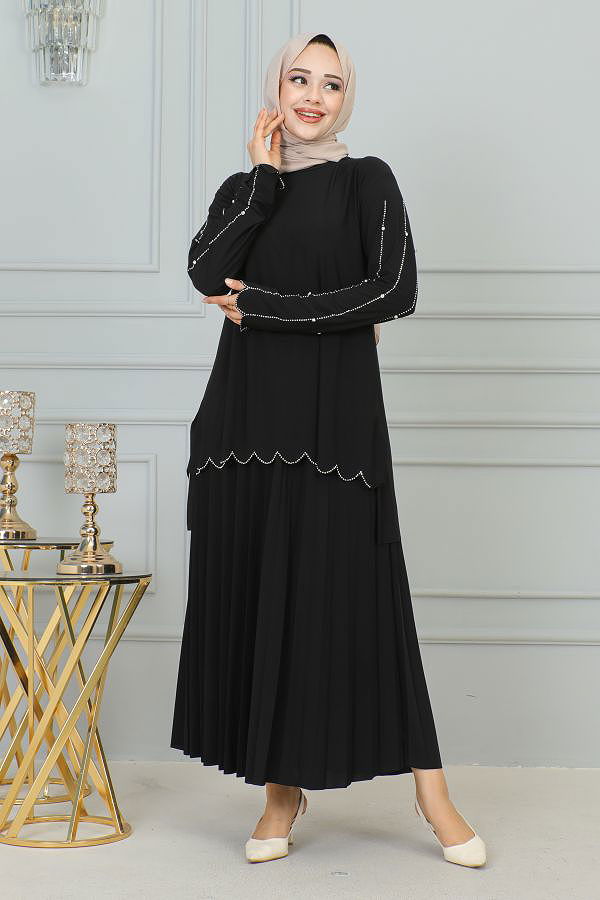 Ön Ve Kol Taş İşlmeli Etekli Takım-3172 Siyah
