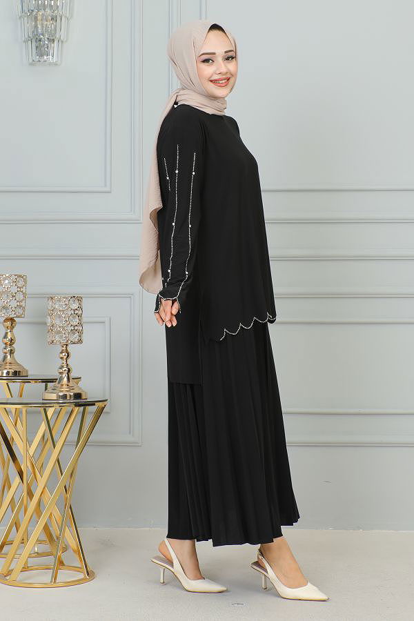 Ön Ve Kol Taş İşlmeli Etekli Takım-3172 Siyah