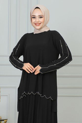 Ön Ve Kol Taş İşlmeli Etekli Takım-3172 Siyah - Thumbnail