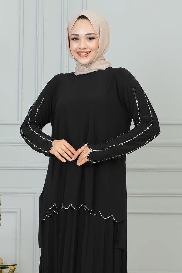 Ön Ve Kol Taş İşlmeli Etekli Takım-3172 Siyah
