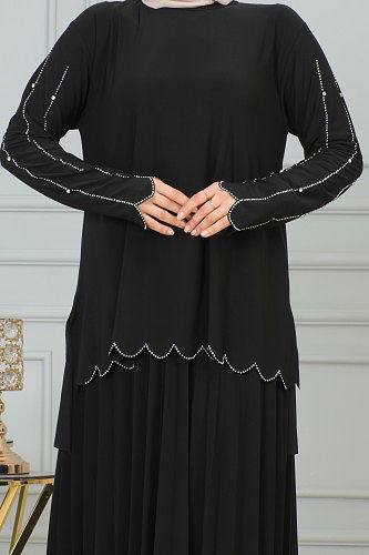 Ön Ve Kol Taş İşlmeli Etekli Takım-3172 Siyah - Thumbnail