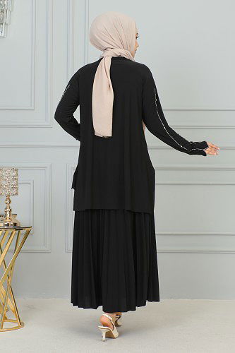 Ön Ve Kol Taş İşlmeli Etekli Takım-3172 Siyah - Thumbnail