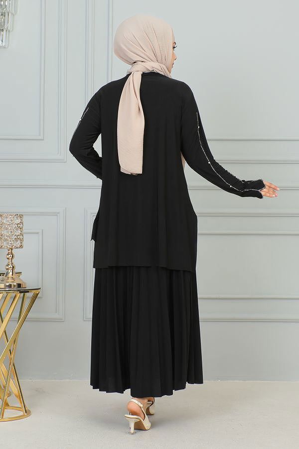 Ön Ve Kol Taş İşlmeli Etekli Takım-3172 Siyah