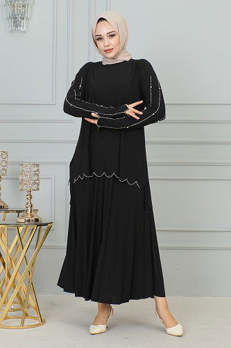 Ön Ve Kol Taş İşlmeli Etekli Takım-3172 Siyah - Thumbnail