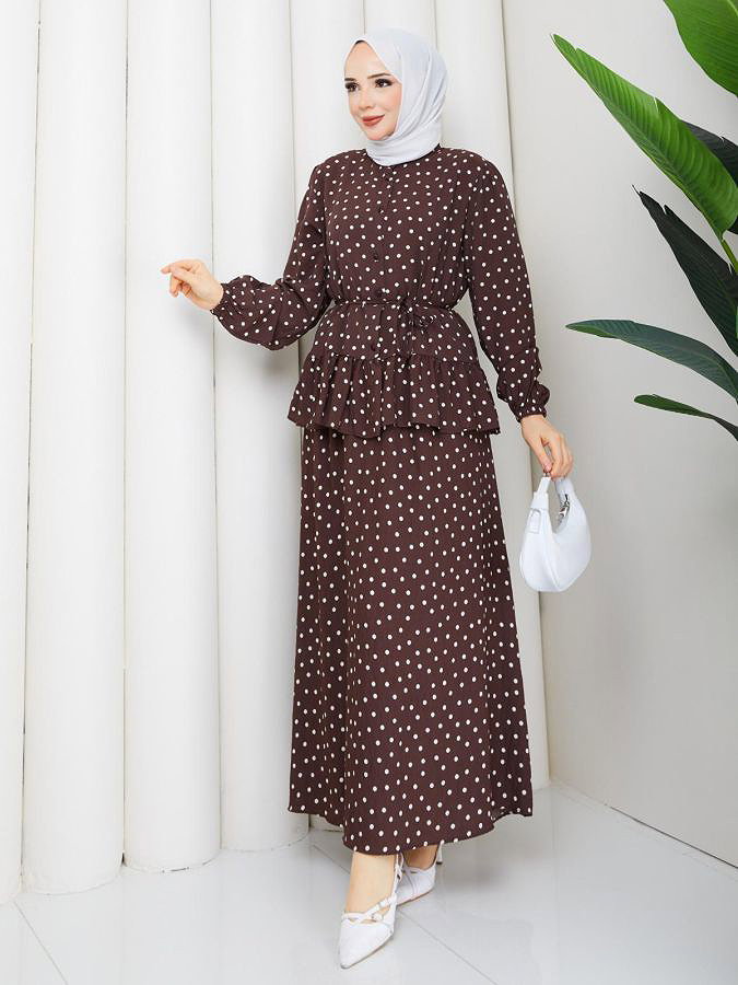 Önden Düğmeli Etekli Takım-5175 Kahve