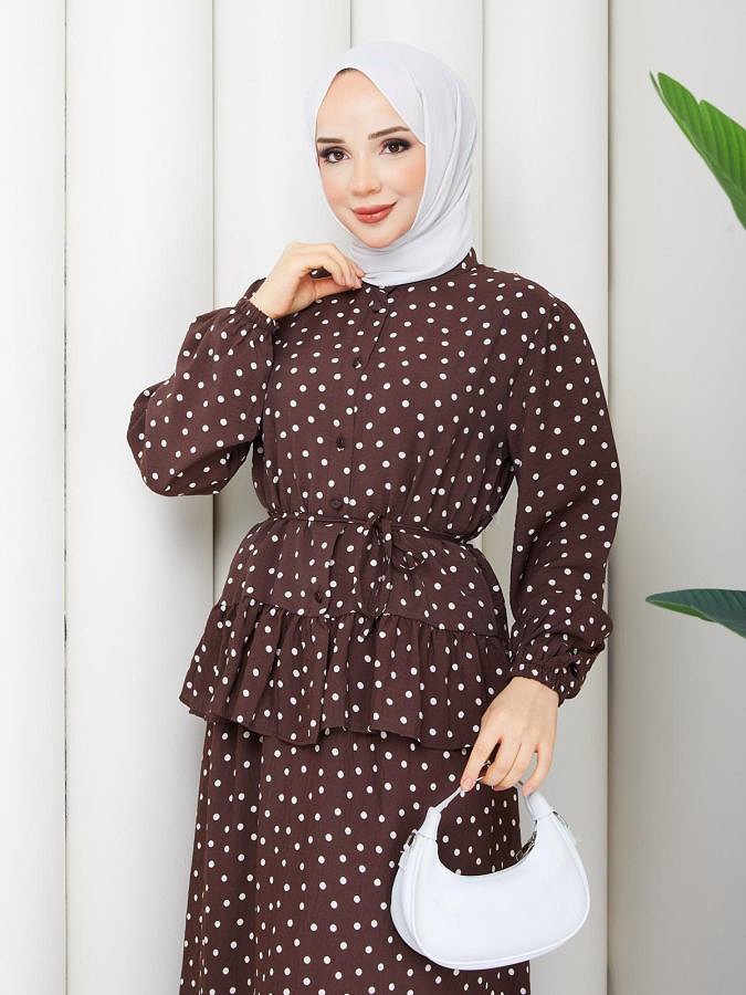 Önden Düğmeli Etekli Takım-5175 Kahve