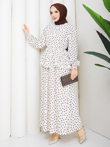 Önden Düğmeli Etekli Takım-5175 Krem - Thumbnail