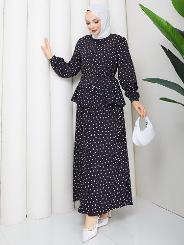 Önden Düğmeli Etekli Takım-5175 Siyah - Thumbnail