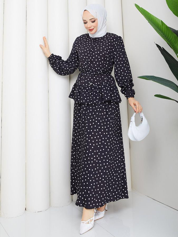 Önden Düğmeli Etekli Takım-5175 Siyah