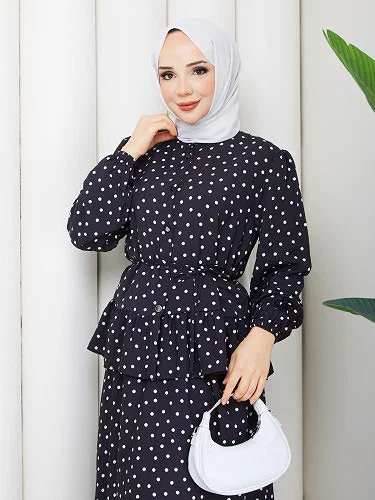 Önden Düğmeli Etekli Takım-5175 Siyah - Thumbnail