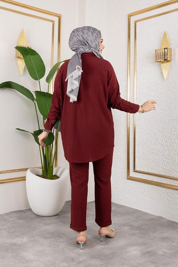 Önden Düğmeli İkili Takım-5027 Bordo