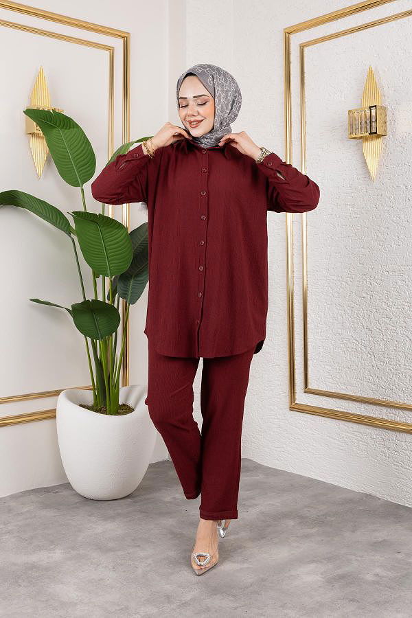 Önden Düğmeli İkili Takım-5027 Bordo