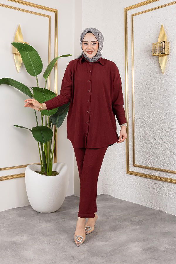 Önden Düğmeli İkili Takım-5027 Bordo
