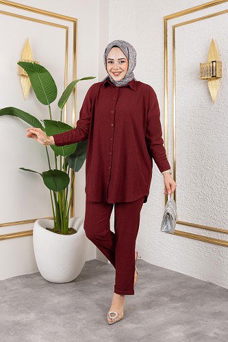Önden Düğmeli İkili Takım-5027 Bordo - Thumbnail