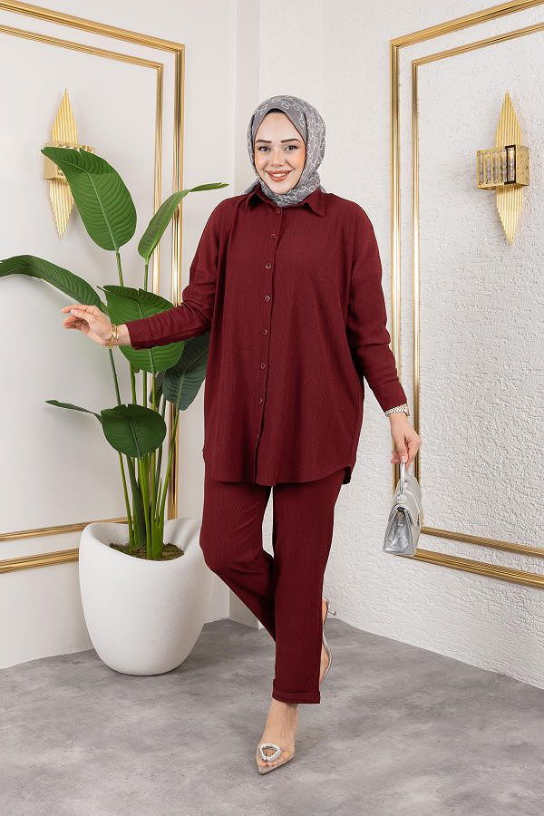 Önden Düğmeli İkili Takım-5027 Bordo