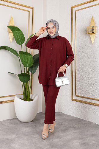 Modaebva - Önden Düğmeli İkili Takım-5027 Bordo