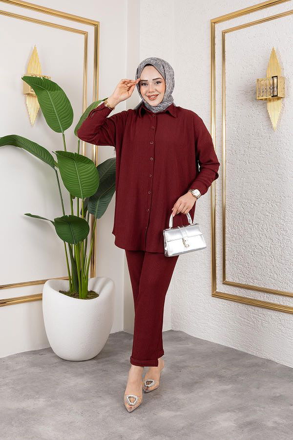 Önden Düğmeli İkili Takım-5027 Bordo