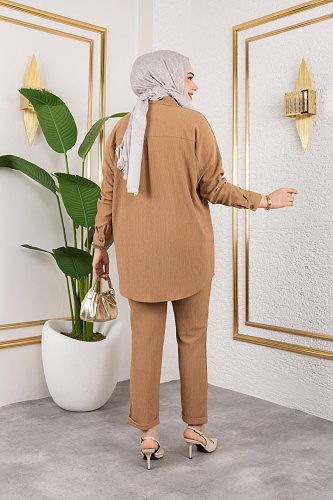 Önden Düğmeli İkili Takım-5027 Latte - Thumbnail