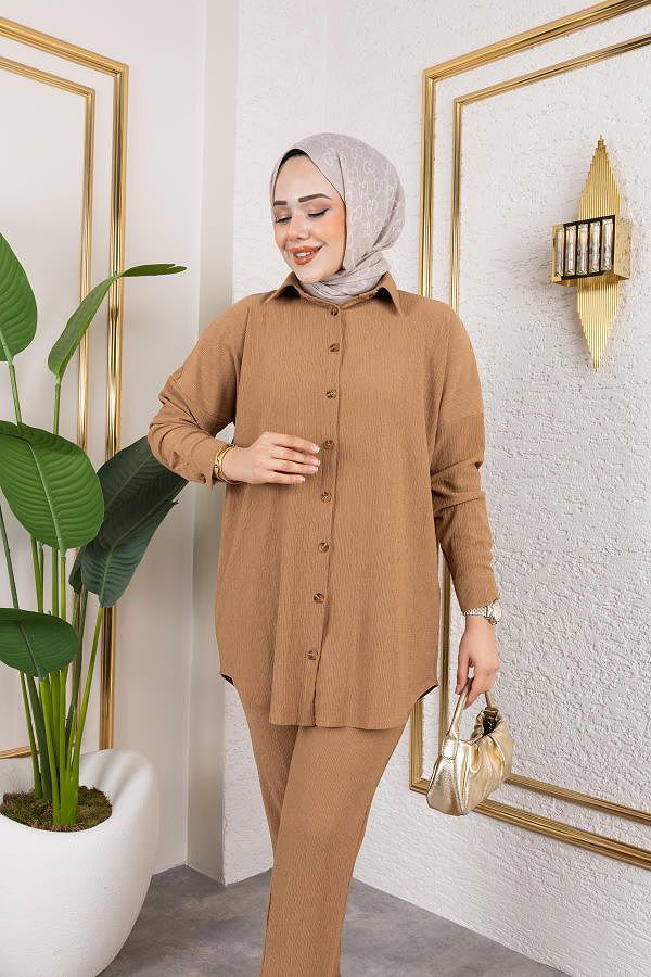 Önden Düğmeli İkili Takım-5027 Latte