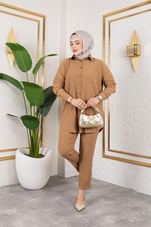 Önden Düğmeli İkili Takım-5027 Latte