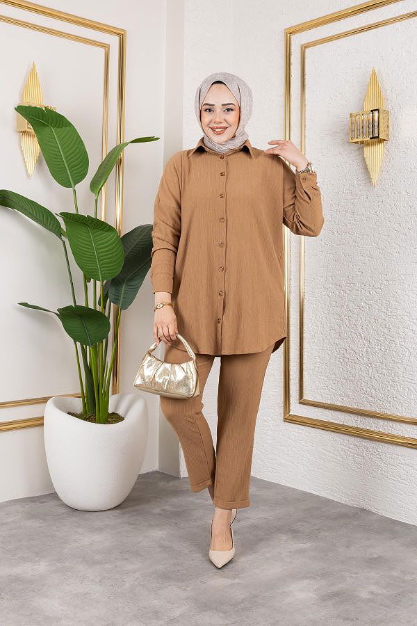 Önden Düğmeli İkili Takım-5027 Latte