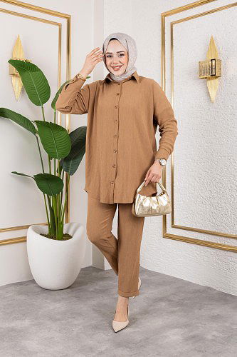 Önden Düğmeli İkili Takım-5027 Latte - Thumbnail