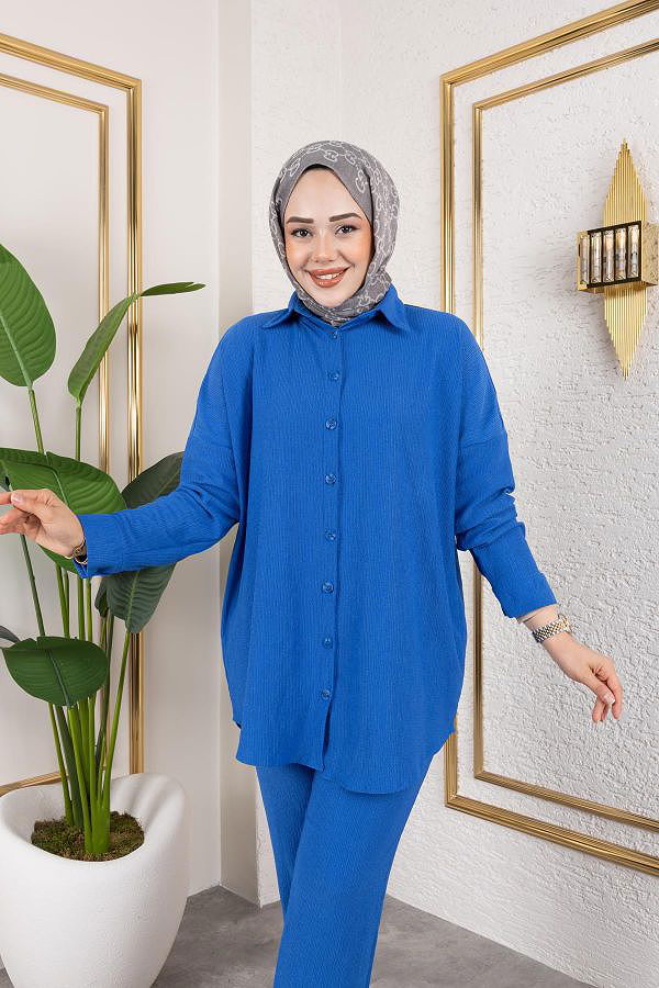 Önden Düğmeli İkili Takım-5027 Saks mavisi