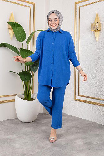 Modaebva - Önden Düğmeli İkili Takım-5027 Saks mavisi