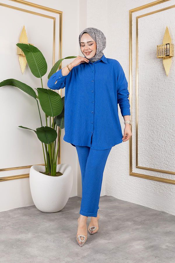 Önden Düğmeli İkili Takım-5027 Saks mavisi