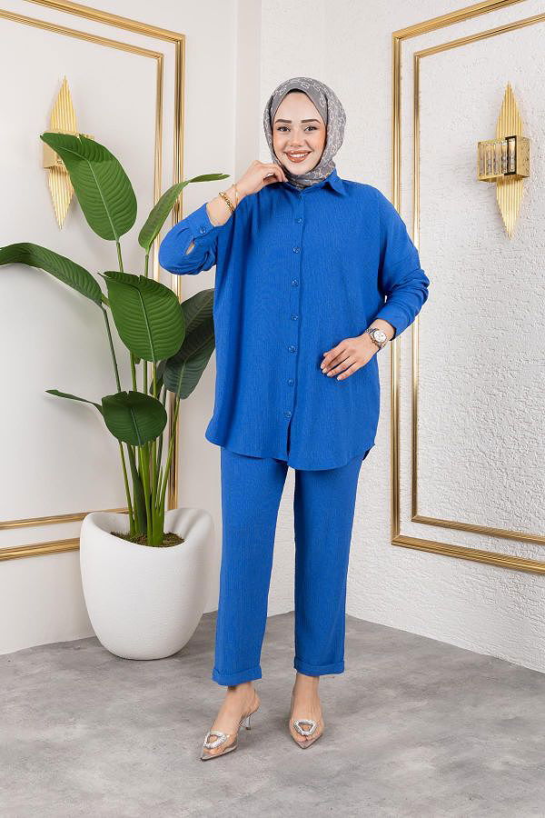 Önden Düğmeli İkili Takım-5027 Saks mavisi