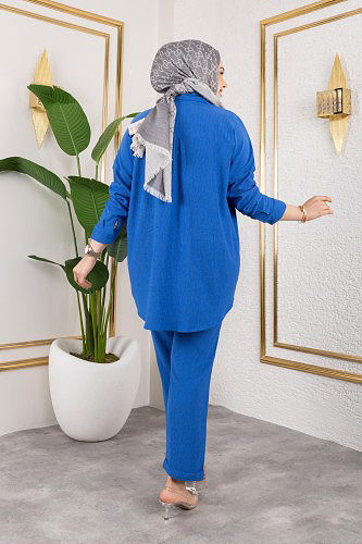 Önden Düğmeli İkili Takım-5027 Saks mavisi - Thumbnail