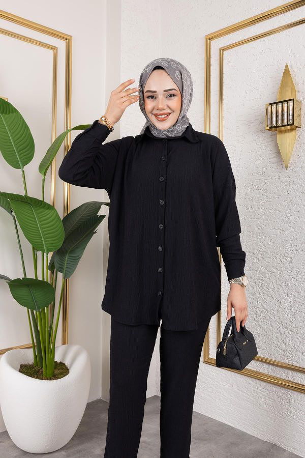 Önden Düğmeli İkili Takım-5027 Siyah