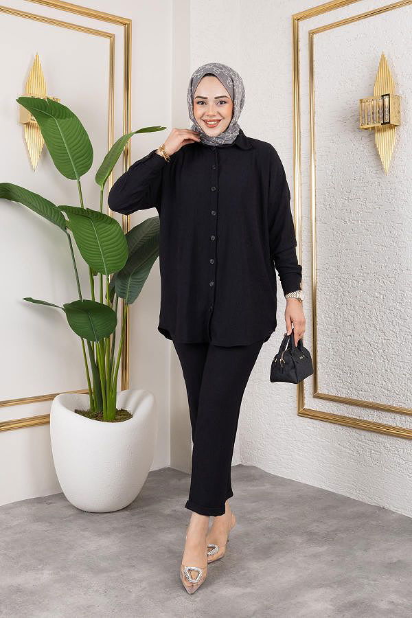 Önden Düğmeli İkili Takım-5027 Siyah
