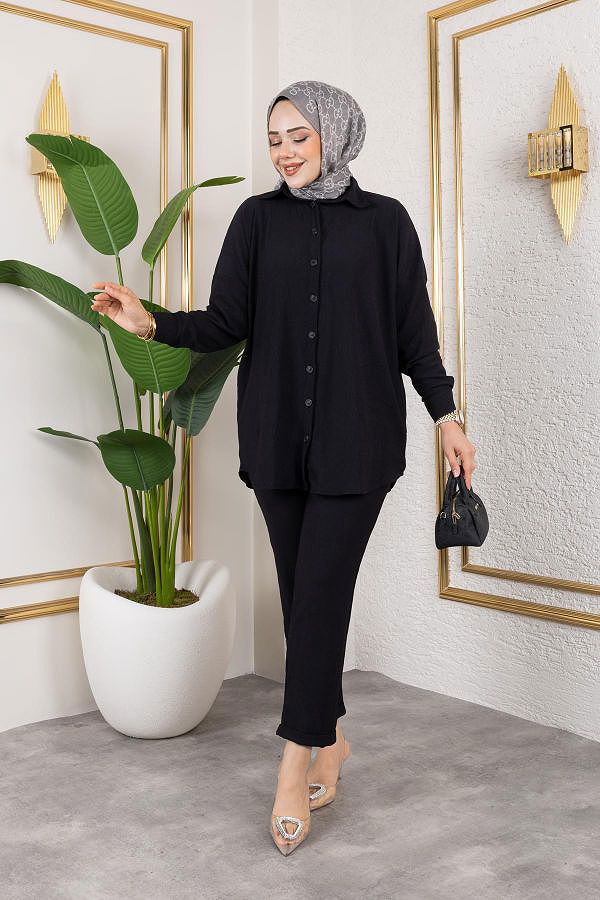 Önden Düğmeli İkili Takım-5027 Siyah