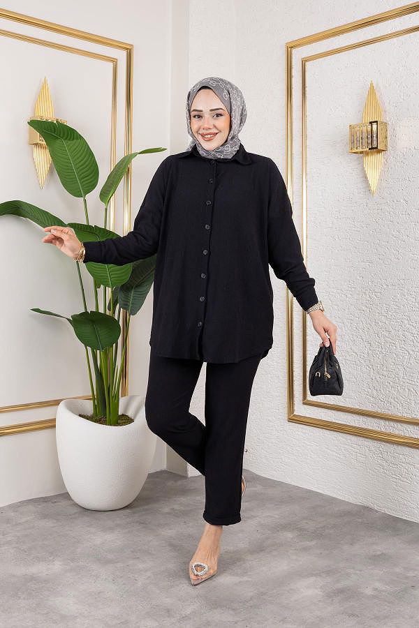 Önden Düğmeli İkili Takım-5027 Siyah
