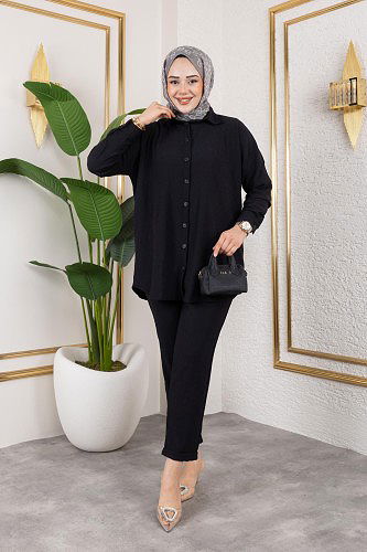Önden Düğmeli İkili Takım-5027 Siyah - Thumbnail