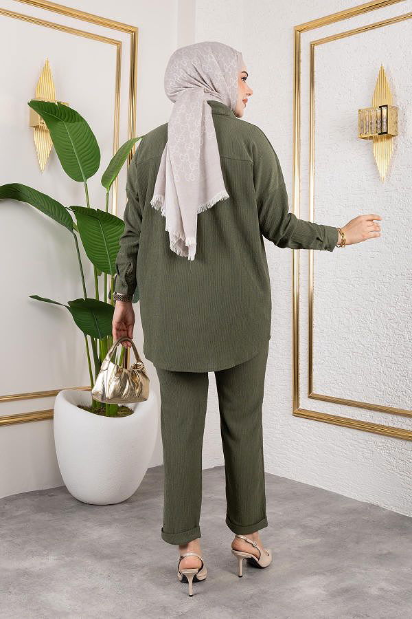 Önden Düğmeli İkili Takım-5027 Hakiyeşili