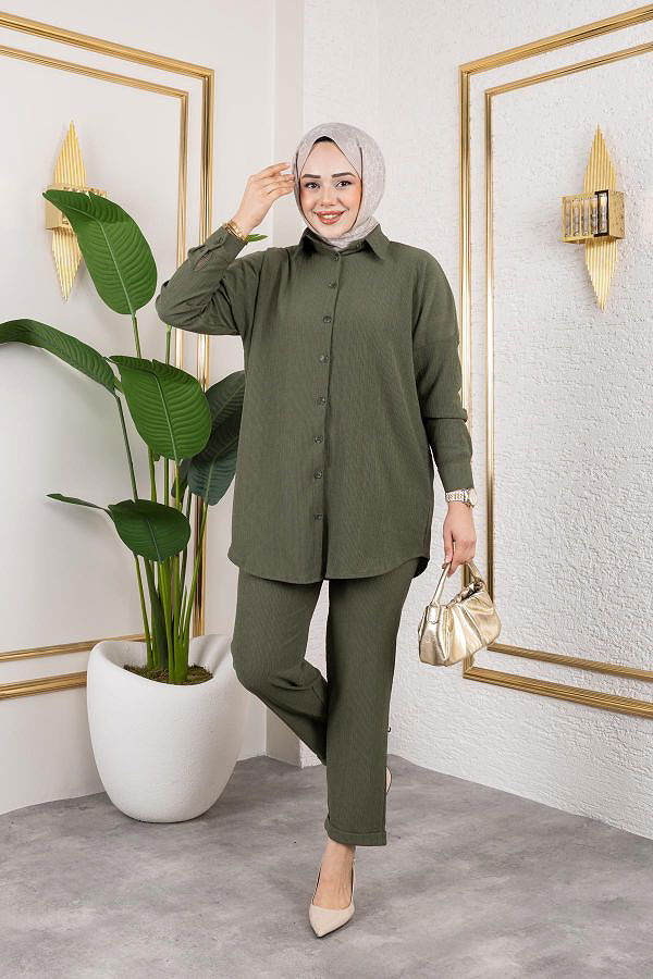 Önden Düğmeli İkili Takım-5027 Hakiyeşili